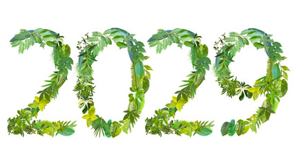 2029, year theme design made from various kinds of leaves isolated on transparent background, PNG, suitable for template design