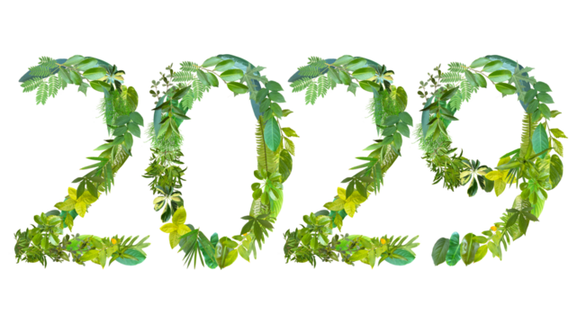 2029, year theme design made from various kinds of leaves isolated on transparent background, PNG, suitable for template design