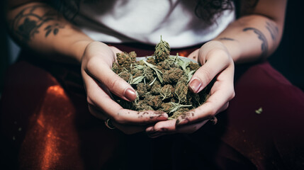 Woman's hands holding marijuana