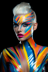 Fashion studio portrait, avant-garde outfit, bold makeup, colored gel lighting for a futuristic look