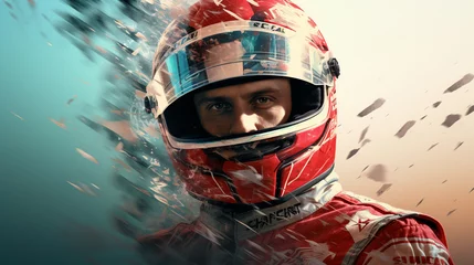 Poster formula one racer in a helmet, close-up. ai generative. © Oleksandr