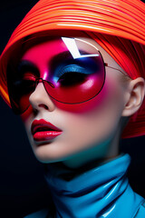 Fashion studio portrait, avant-garde outfit, bold makeup, colored gel lighting for a futuristic look