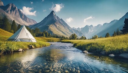Amazing mountain landscape: Tent on the shore. small river meanders through green valley. sunny day perfect for hiking and exploring nature. travel and concept. blurred foreground. ai generated. 