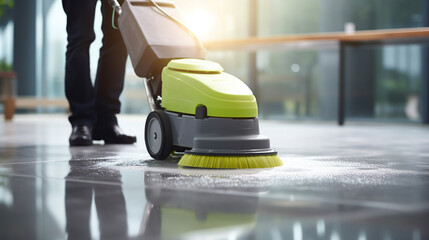 janitor cleaning floor with polishing machine indoors. Scrubber machine for stone or parquet floor cleaning. ai generative