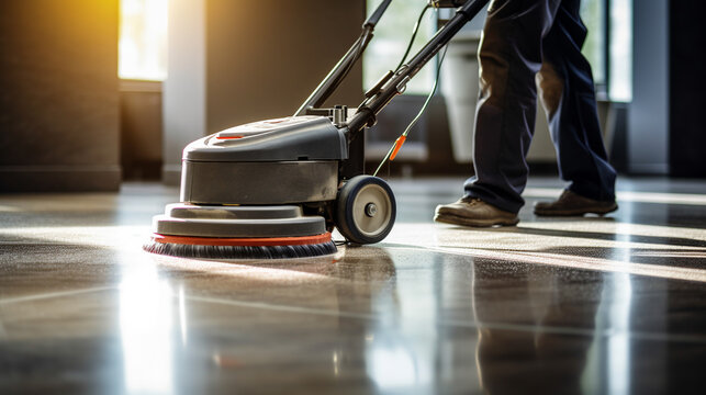 janitor cleaning floor with polishing machine indoors. Scrubber machine for stone or parquet floor cleaning. ai generative