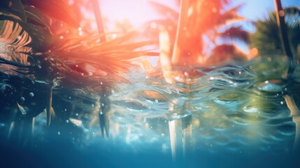 Fototapeta premium Tropical background with water and palm trees, AI