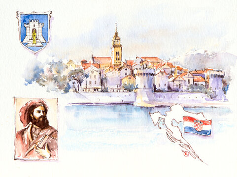 Historic town of Korcula panoramic view with a portrait of Marco Polo, the city's coat of arms, the flag and a map of Croatia. Illustration created with watercolors.