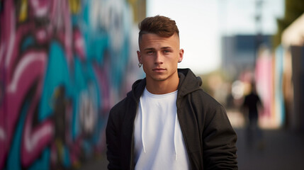 Obraz premium Urban street style, person leaning against graffiti wall, confident gaze, vibrant casual wear