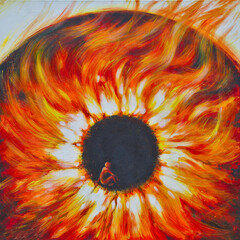 Abstract picture  with a big burning eye and  a man sitting inside. Conceptual art. Picture hand pained with acrylics. - 682524379