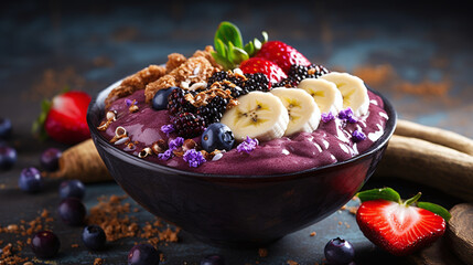Acai bowl with granola, chia seeds, banana and wild berries for a healthy and satisfying treat. This breakfast creates an appetizing appearance, filling you with vitamins and energy. - obrazy, fototapety, plakaty