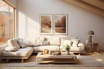 Fototapeta premium Calming ambiance of Scandinavian style designed home, with natural tones that blend seamlessly with daylight to create a tranquil and inviting space.