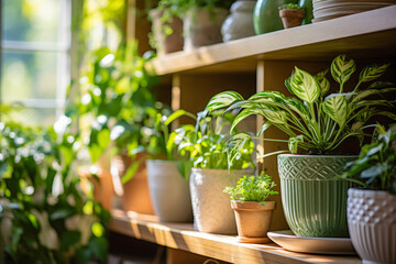 Fototapeta na wymiar Vibrant freshness of an indoor plant corner, adorned with lush greenery and stylish light-colored pots. This botanical haven exudes a sense of tranquility and harmony