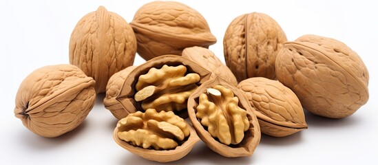 The elegant walnut, isolated in a white background, is not just a beautiful fruit but also a nutritious snack loaded with protein, energy, and healthy oils, making it an essential ingredient for a - obrazy, fototapety, plakaty