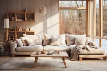 Scandinavian coziness with this inviting living room, where natural materials, light colors, and a warm ambiance create a haven of tranquility and comfort.