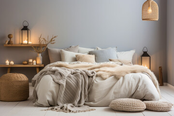 Cozy, comfortable bed with pillows in a Scandinavian style inspired bedroom with natural colors that create an oasis of tranquility.