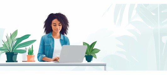 Modern Woman at Desk in a Bright and Graphic Environment, Banner with Copyspace