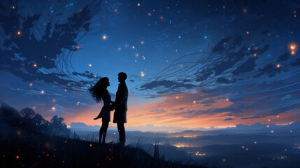 In the twilight hour, a couple dances, their love as boundless as the swirling night sky above them.