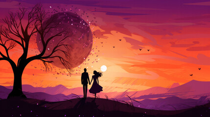 A couple stands under a starry sky with a giant moon, a whimsical representation of a romantic night.