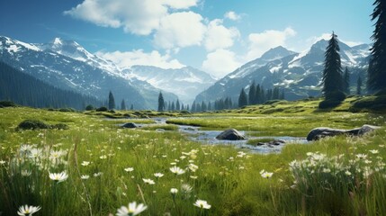 A serene alpine meadow covered in edelweiss flowers, a symbol of rugged beauty. - obrazy, fototapety, plakaty