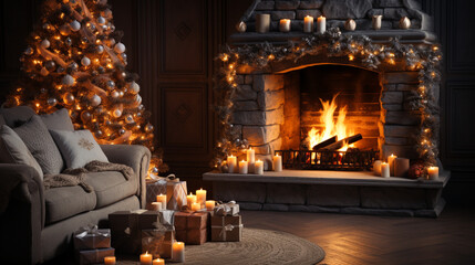 fireplace with christmas decorations
