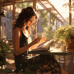 woman reading a book in cafe