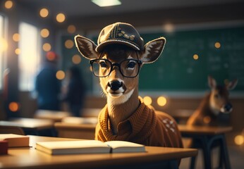 Deer become teacher, wearing glasses and hat, inside classroom