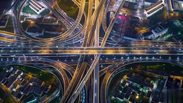 top view of intersection in a prosperous city, time lapse of car, long shutter speed. Generative ai animation