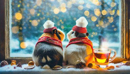 being sick, looking out window during winter. Guinea Pig Couple having a cold ,ai generated - obrazy, fototapety, plakaty