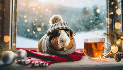 sitting near window in winter with glass of hot tea wering scarf. being sick, having a cold concept.  Cute Guinea Pig,  ai generated - obrazy, fototapety, plakaty