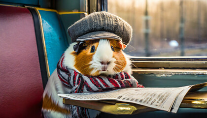 Reading newspaper in train. Travel concept. guinea Pic wearing wool hat,ai generated - 682526374