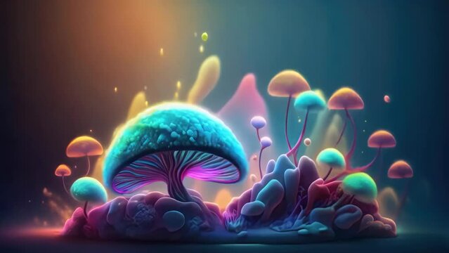 Unusual animation of neon colors magic mushrooms Suitable for a music flayer. Generative ai animation