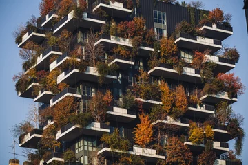 Raamstickers MILAN, ITALY- NOVEMBER 21, 2023 - "Bosco Verticale", vertical forest in autumn time, design apartments and buildings in the district "Isola" of the city of Milan, Italy © sabino.parente