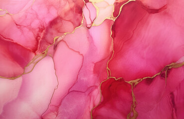 Abstract pink liquid watercolor background with golden lines. Pastel marble alcohol ink drawing.