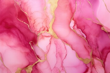 Abstract pink liquid watercolor background with golden lines. Pastel marble alcohol ink drawing.