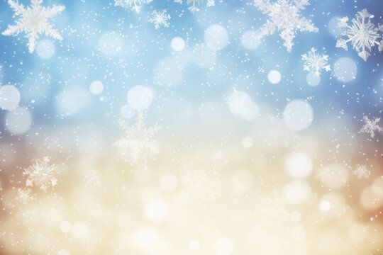 holiday background with blinking stars and falling snowflakes. Blurred bokeh of Christmas lights.