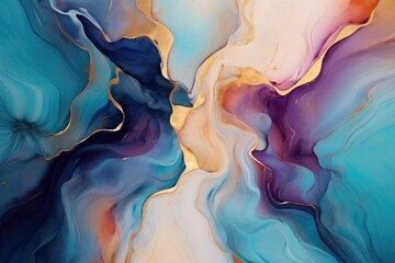 Abstract colorful liquid watercolor background with golden lines. Pastel marble alcohol ink drawing.