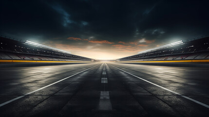 The finish line of an asphalt race track with serpentine roads and illuminated floodlights. ai generative - obrazy, fototapety, plakaty