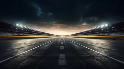 Foto op Canvas The finish line of an asphalt race track with serpentine roads and illuminated floodlights. ai generative © Oleksandr