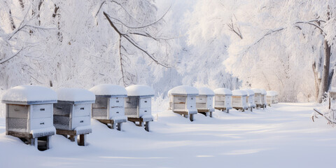 beehives covered with snow. ai generative - obrazy, fototapety, plakaty