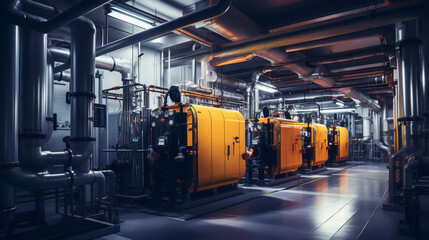 Modern boiler room with gas boilers, industrial heating. ai generative