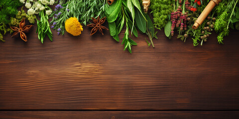medicinal herbs on wooden background. ai generative - obrazy, fototapety, plakaty