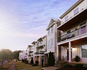 New construction townhomes on a quiet neighborhood street in Raleigh NC - obrazy, fototapety, plakaty