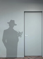 The shadow of a man in a hat who goes to meet a woman with a bouquet of flowers.