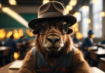 Fototapeta na wymiar Buffalo become teacher, wearing glasses and hat, inside clssroom