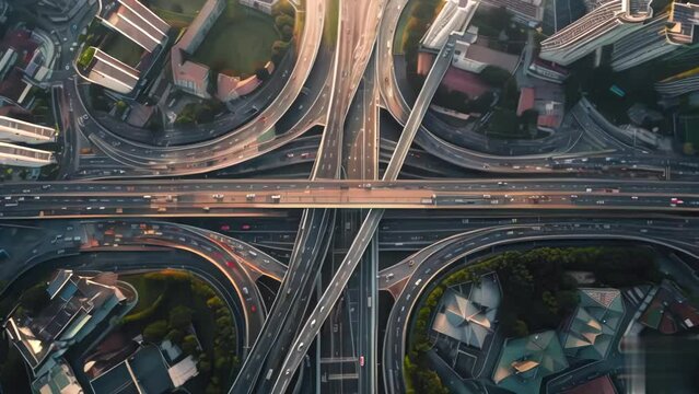 top view of intersection in a prosperous city, time lapse of car, long shutter speed. Generative ai animation