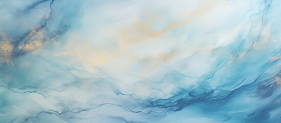 In an abstract design on the marble wall, blue watercolor textures blended with hints of gold and light depict a nature-inspired art piece, with swirling clouds and a touch of green, creating a - obrazy, fototapety, plakaty