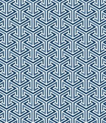 Seamless repeating pattern with interlocking blue geometric elements on a white background. Retro style design.  Decorative vector illustration for fabric, textile, wallpaper, wrapping, and print.