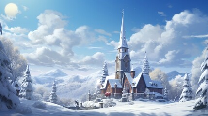 A snow-covered village church with a tall steeple rising into the wintry sky. - obrazy, fototapety, plakaty