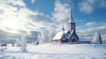 A snow-covered village church with a tall steeple rising into the wintry sky. - obrazy, fototapety, plakaty
