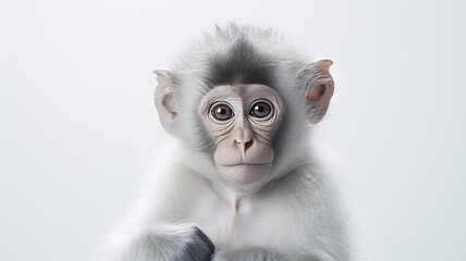 a cute monkey displaying an unhappy expression while sitting on a seat with a notebook computer, the innocence and emotion of the monkey against a clean white background